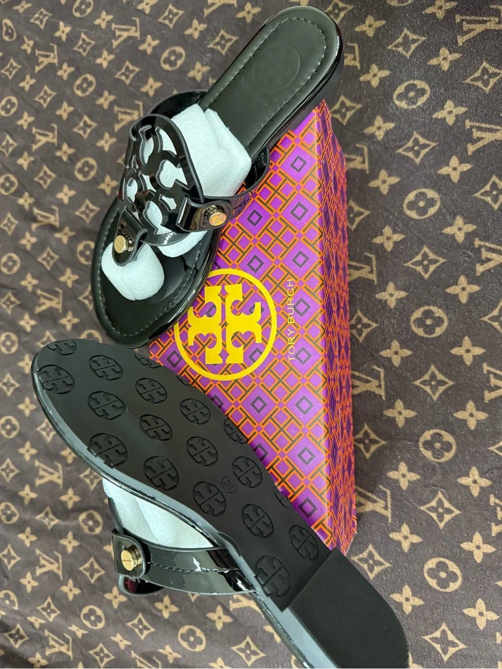 Tory Burch Black Patent Miller Logo Thong Sandals with Gold Accent